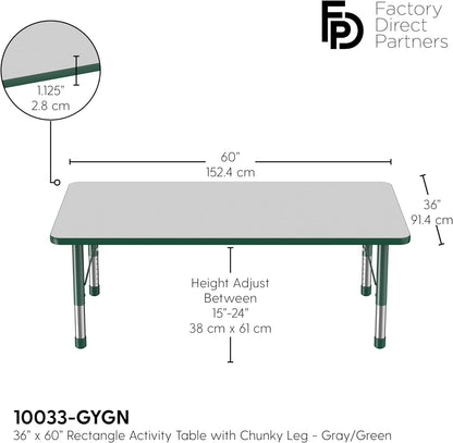 Factory Direct Partners FDP Rectangle Activity School and Classroom Kids Table (36 x 60 inch), Toddler Leg, Adjustable Height 15-24 inches - Gray Top and Green Edge