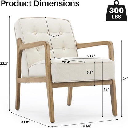 Linen Accent Chair Set of 2, Mid Century Modern Chair for Living Room, Upholstered Comfy Lounge Armchair with Solid Wood Frame, Reading Side Chair for Bedroom,105°Ergonomic Comfort, White