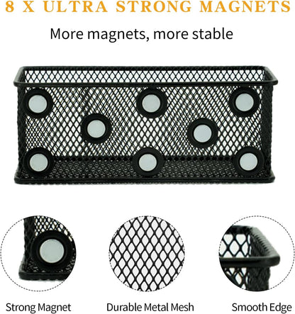 Neudeco Magnetic Locker Organizer and Accessories，Wire Mesh Magnetic Storage Basket ,Magnetic Holder for Dry Erase Markers,Strong Magnet Pen Holder for Fridge School,Pack 3 (Black)