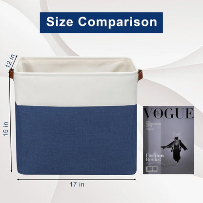 Large Fabric Storage Baskets | 50L Storage Bins, Decorative Linen Closet Baskets with Handles for Organizing, Shelf, Toys, Clothes, Home, Office, Nursery, 17x12x15Inches (Navyblue&White)