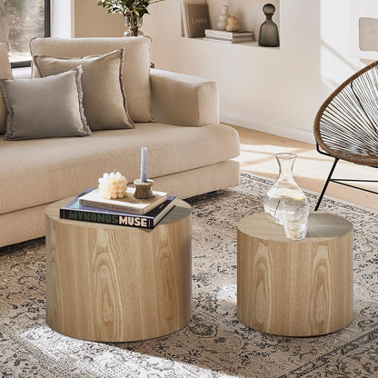 WILLIAMSPACE Nesting Coffee Table Set of 2, Round Wooden Coffee Tables Circle Modern Table for Small Space Living Room Bedroom Accent End Side Table (Wooden Color-Round)
