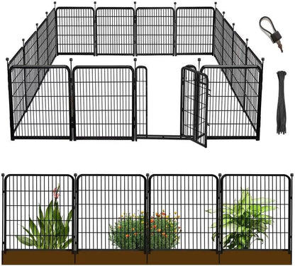 56in(H) Garden Fence, 10 Panels Total 22.1 Ft(L), Garden Fence with Low Threshold Gate, Anti Dig Fence Barrier, Fencing for Garden Beds, Black Metal Decorative Garden Fencing
