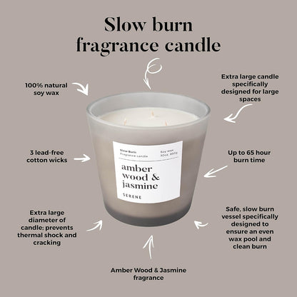 Hidden Label Large Scented Candle, Amber Wood & Jasmine, 30oz 3 Wick Huge Candle, Serene Collection Slow Burn Natural Soy Candles for Home Scented