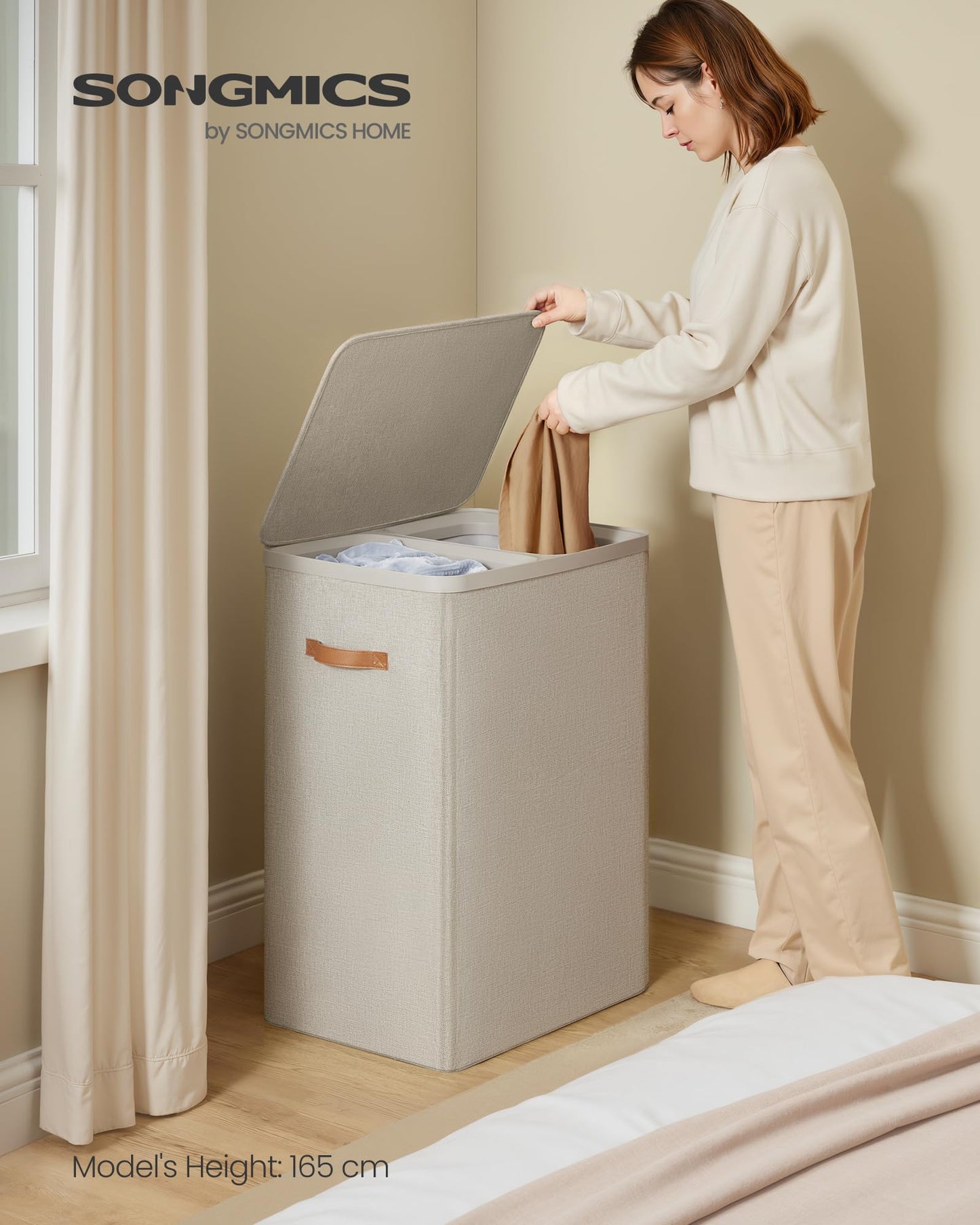 SONGMICS Laundry Basket, 44.9 Gal. Laundry Hamper, 2 Compartments, Easy Assembly, with Lid and