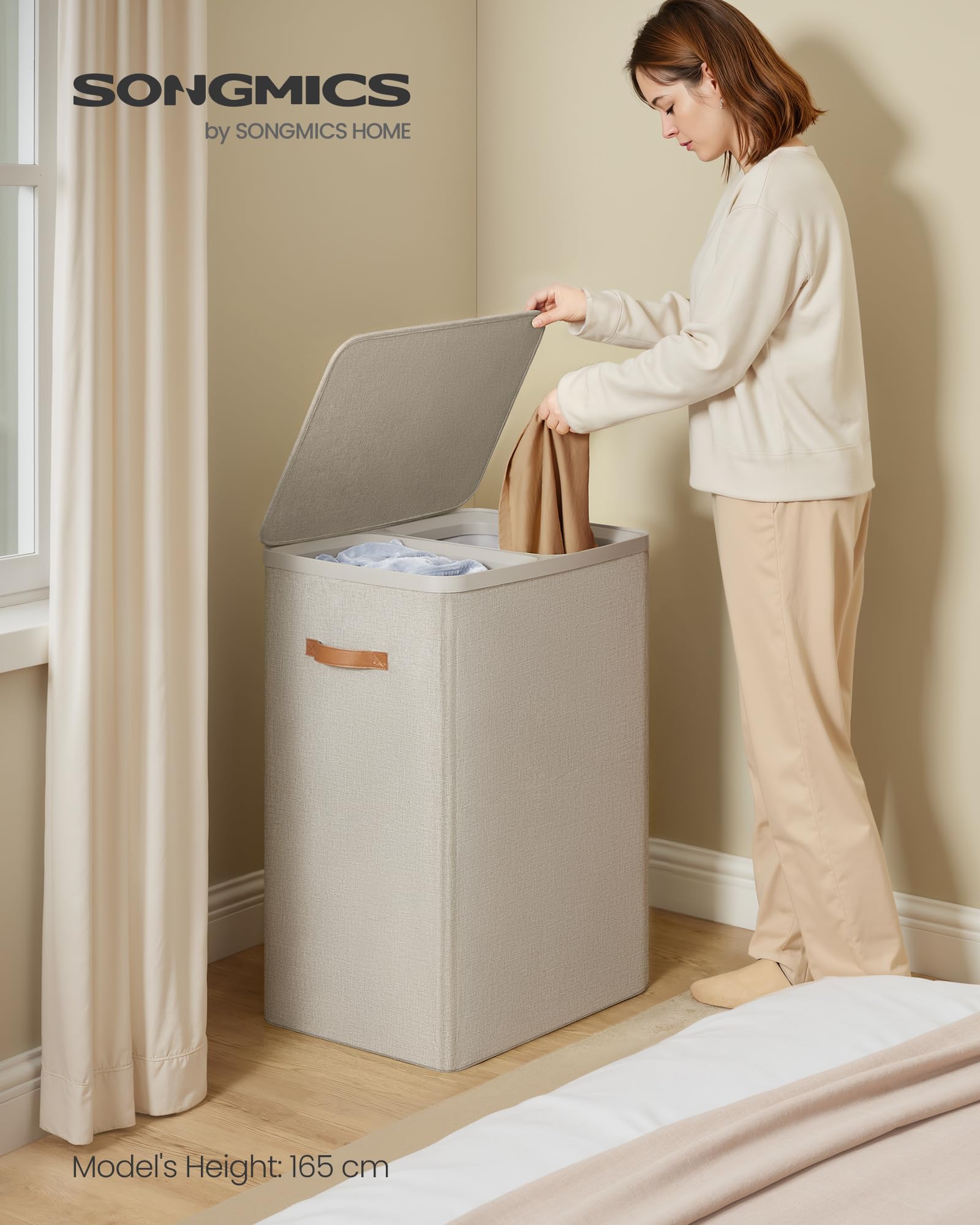 SONGMICS Laundry Basket, 44.9 Gal. Laundry Hamper, 2 Compartments, Easy Assembly, with Lid and