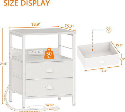 Furologee Night Stand with Charging Station, Bedside Table with Fabric Drawers, End Table with USB Ports & Outlets, White Nightstand with Storage Shelf & Hooks, for Living Room/Bedroom, White
