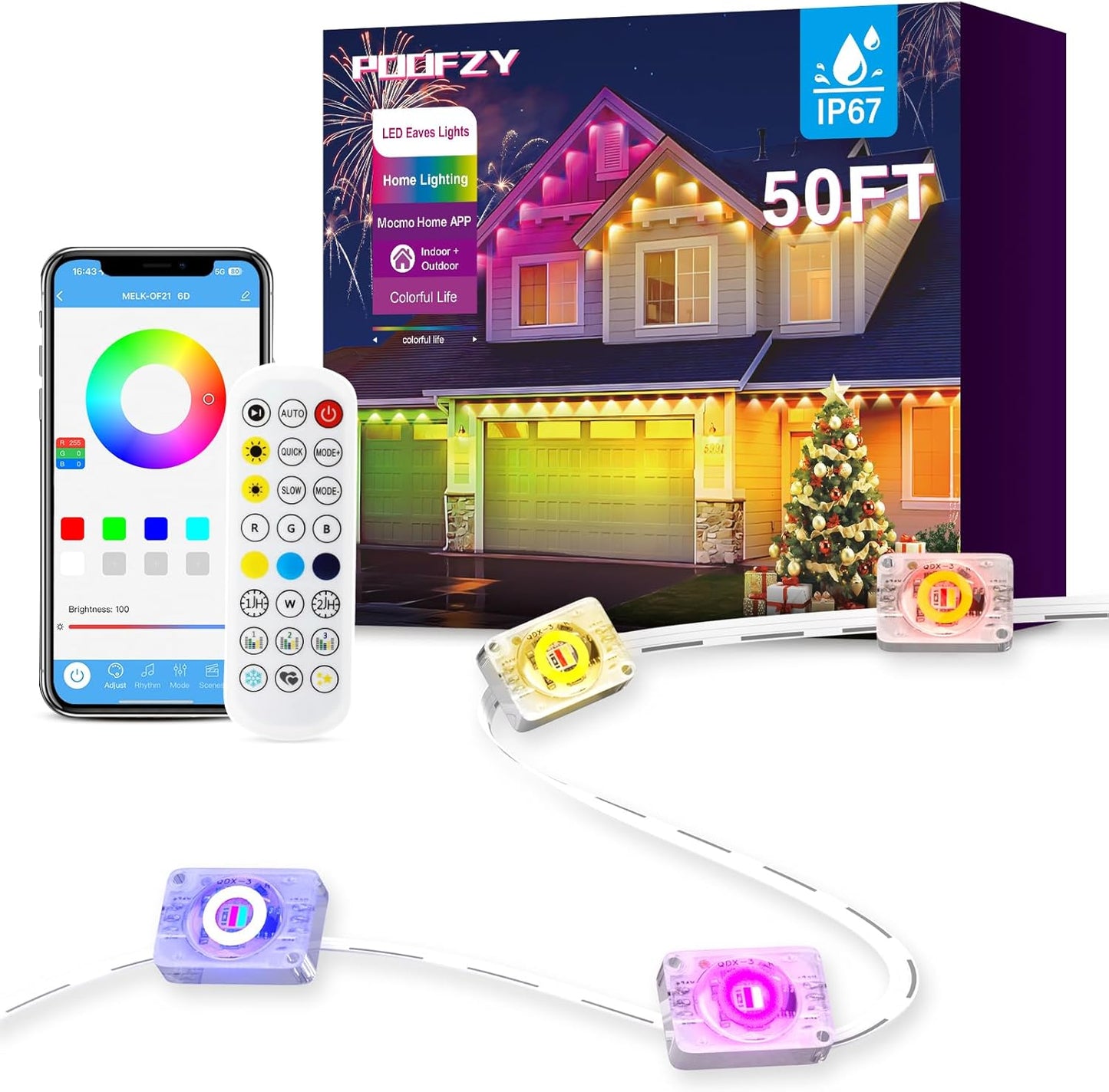 POOFZY Permanent Outdoor Lights for House, 50ft RGB+IC Smart Outdoor Decor, 50 Scene Modes, App/Remote Control, IP68 Waterproof, for Christmas, Holiday, Daily & Pool Party Decor, House Roof Lighting