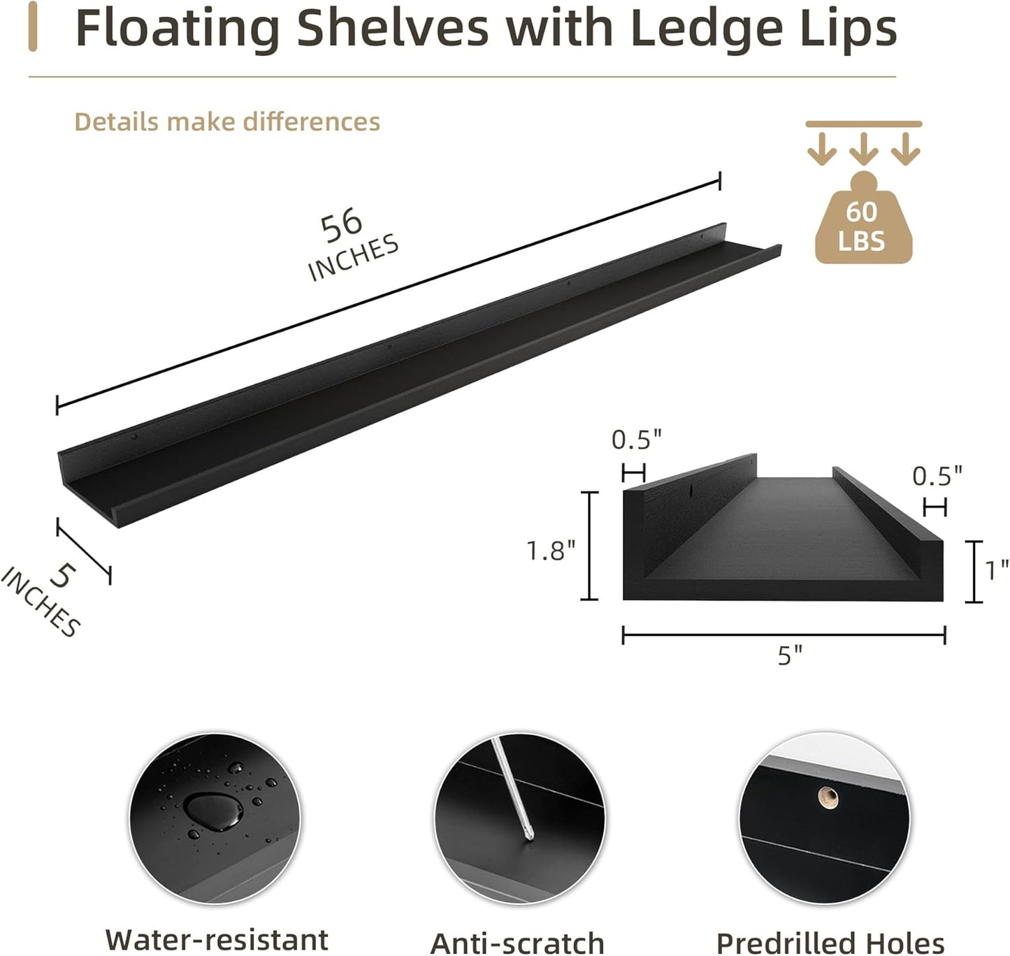 Picture Ledge Shelf, Wood Long Floating Shelves for Wall, Set of 2, 56 inch Picture Ledge Shelves, Photo Ledge Nursery Book Shelves Wall Mounted for Living Room Kids' Room Bedroom, Color Black