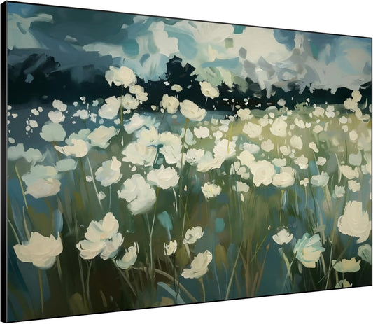 SIGNWIN 46"x60" Extra Large Framed Wall Art White Wildflower Field in Impressionist Style, Soft Floral Landscape for Home Living Room Bedroom Decor (Frame Assembly Required)