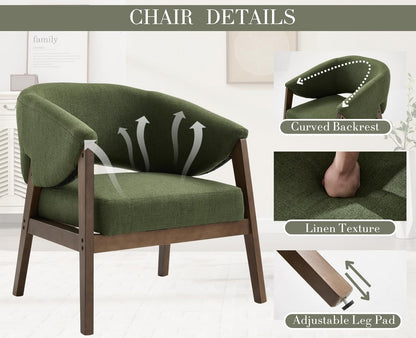 Mid-Century Modern Accent Chair, Comfy Barrel Armchair with Wide Seat, Upholstered Lounge Chair with Walnut Wood Legs for Living Room/Bedroom/Reading Corner, Linen Fabric, Deep Green, 1PC