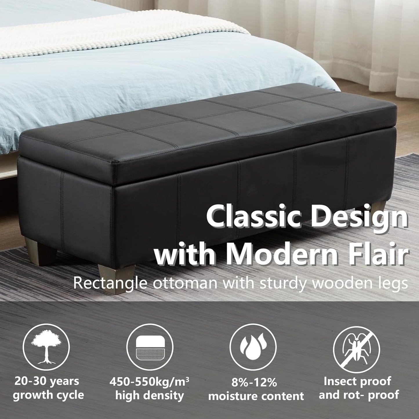 51 Inch Black Faux Leather Ottoman with Storage, Rectangular Extra Long Bench, End of Bed Bench with Large Storage for Bedroom, Living Room
