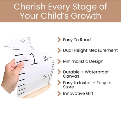 Growth Chart for Wall | Kids Height Chart Canvas Ruler with Wooden Storage Box | Waterproof Measuring Chart | Nursery Decor & Baby Shower Gift