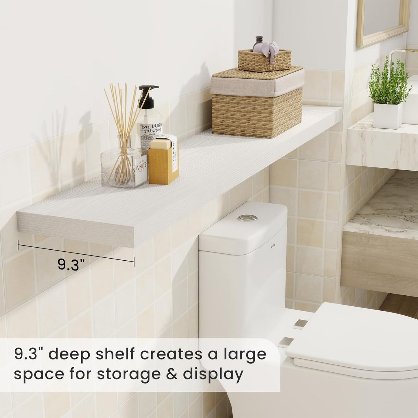 Fun Memories 55 Inch Fireplace Mantel Shelf -Long Floating Shelves, Deep Wall Mounted Farmhouse Display Shelves with Invisible Heavy Duty Metal Bracket, White, 2 Pack