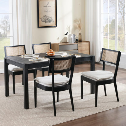 Rattan Dining Chairs Set Of 6 , Mid Century Modern Black Wooden Cane Back Chairs with Removable Sherpa Cushion , Retro Farmhouse Upholstered Kitchen & Dining Room Chairs for Restaurant Living Room