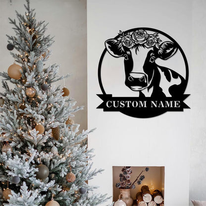 Cow Metal Sign Custom,Cow Personalized Family Name Sign Wall Art,Farm Customized Metal Wall Decor Gifts for Wedding,Funny Cow Monogram Decor for Farmhouse Bedroom Outside Garden Ranch Yard Wall Decor