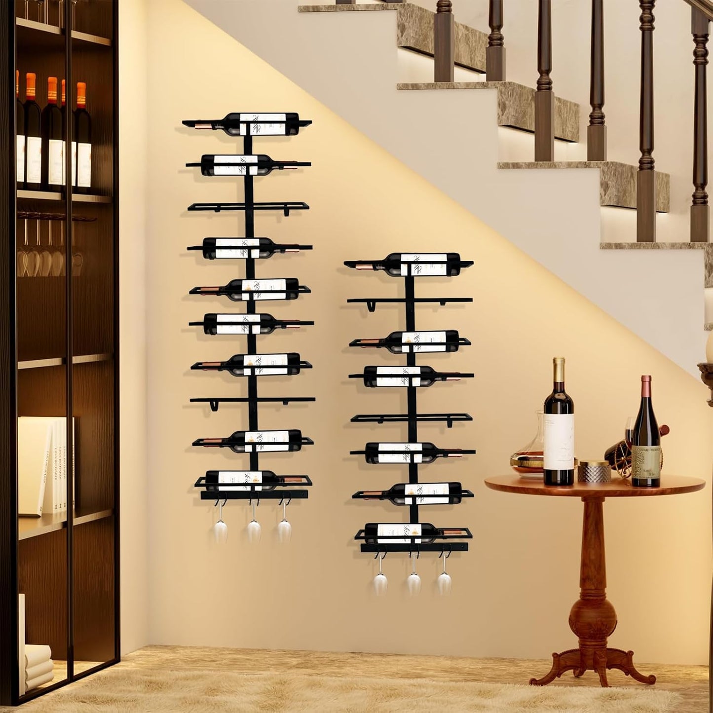 16 Bottle Wall Mount Wine Rack with Wine Glass Holder, Metal Wine Wall Rack, Wall Racks for Wine Bottles Display and Storage, Hanging Bottle Organizer for Living Dining Room Wine Cellar Bar (Black)