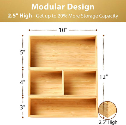 Umilife Drawer Organizer Storage Boxes, 2.5" High Bamboo Drawer Dividers, 3 Rearrangeable Bins for Kitchen, Office Desktop, Clothing, Makeup, vanity, Jewelry
