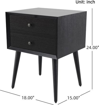 Christopher Knight Home Accent Bedside End Table, Acacia Wood Nightstand Side Table, Storage with 2 Drawers, Mid-Century Nightstand with Solid Wood Leg for Bedroom Dorm and Small Space, Black