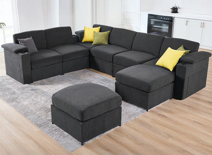 Modular Sectional Sofa Couches for Living Room Velvet Cloud Couch Oversized U Shaped Sectional Couch Convertible Sleeper Sofa Chaise Padded Armrests Cup Holder (Grey, 8 Seats)