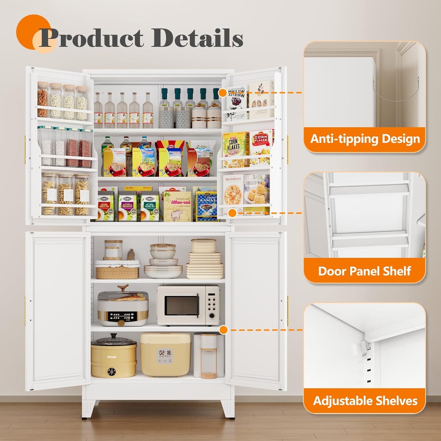 74.8" Tall Metal Food Cabinet, White Kitchen Pantry Cabinet, Storage Cabinets with 4 Door and 4 Adjustable Shelves, Steel Freestanding Cupboard for Kitchen Dining Room Living Room Bathroom