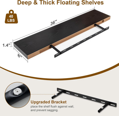 Fun Memories Black Floating Shelves 36 Inch Long, 8 Inch Deep Floating Shelf for Wall, 36" W x 8" D Wall Shelves Set of 2, Black Deep Floating Shelves for Bedroom, Living Room, Kitchen