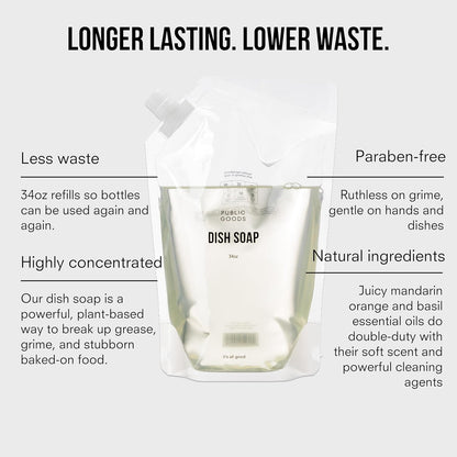 Public Goods Natural Dish Soap | Kitchen Soap | Plant-Based & Vegan Friendly | Clear Dish Detergent Liquid | Concentrated | Made in USA | Mandarin Basil | 34 Fl Oz Refill