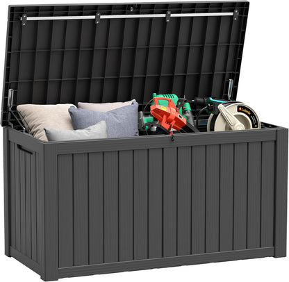 KAMABOKO Outdoor Storage Box, 150 Gallon Large Outdoor Resin Deck Box, Storage Waterproof Boxes Lockable Lid for Garden Tools, Pool Supplies, Patio Furniture and Cushions, Black