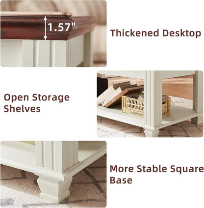 Farmhouse Coffee Tables for Living Room,Square Tea Table with Open Storage Shelf,Large Coffee Table,Rustic Wooden Center Table,White