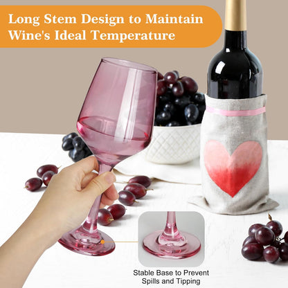 Pink Wine Glasses Set of 6-14oz Pink Long Stem Wine Glass, Pretty Crystal Glassware, Hand Blown Goblets Drinkware, Unique Stemware Wine Glass Holiday Gift Set for Women