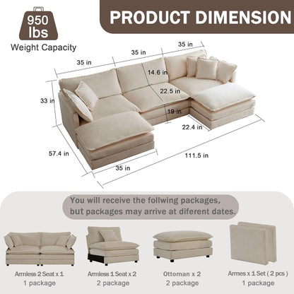 Sectional Sofa 3 Seater with Movable 2 Ottomans,Oversized Modular Couch Deep Seat (Light Coffee, 111.5 inch-U)