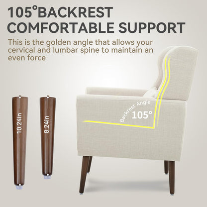 Modern Accent Chair, Upholstered Armchair with Pillow, Fabric Single Sofa Chair with Lounge Seat and Wood Legs Accent Chair for Living Room Bedroom Small Spaces (Beige, Set of 1)