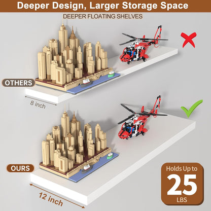 40 Inch Floating Shelf 3 Pack Large Floating Shelves for Wall No Drilling Accessories Included Deep Wall Shelves for Living Room Kitchen Farmhouse 40" W x 12" D x 1.2" White