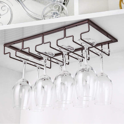 Wine Glass Rack Under Cabinet - Stemware Holder Metal Wine Glass Organizer Glasses Storage Hanger for Bar Kitchen Brown 4 Rows
