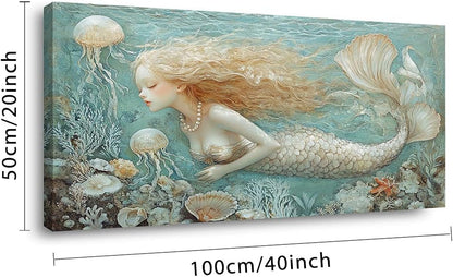 LASMOND Ocean Mermaid Wall Art for Girls Room Modern Canvas Prints Marine Organism Underwater World Sea Creatures Artwork Paintings Women Bedroom Wall Decor (40x20 Inches)
