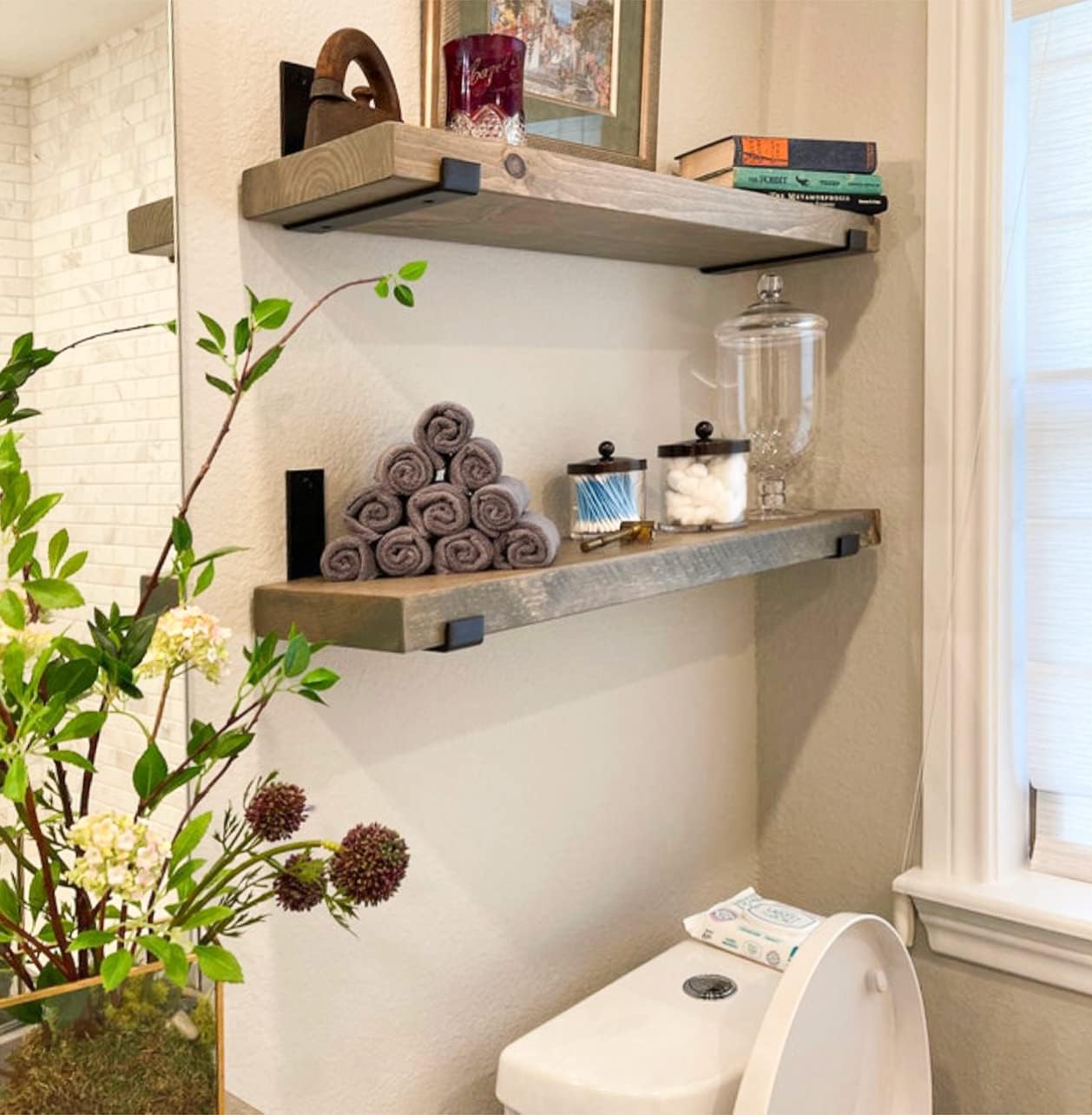 Rustic Shelves with J-Brackets Set of 2, Industrial Shelf, Kitchen Shelves, Solid Wood, Decorative Wall Storage, Heavy Duty, URBANDI (Grey, 12Wx10D)