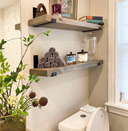 Rustic Shelves with J-Brackets Set of 2, Industrial Shelf, Kitchen Shelves, Solid Wood, Decorative Wall Storage, Heavy Duty, URBANDI (Grey, 36Wx12D)