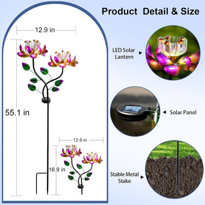 Solar Wind Spinners Pink Twin Flowers for Yard and Garden, Solar Windmill Garden Whirligig Kinetic Spinners Decor for Lawn, Patio, Yard, Metal Wind Outdoor Sculpture