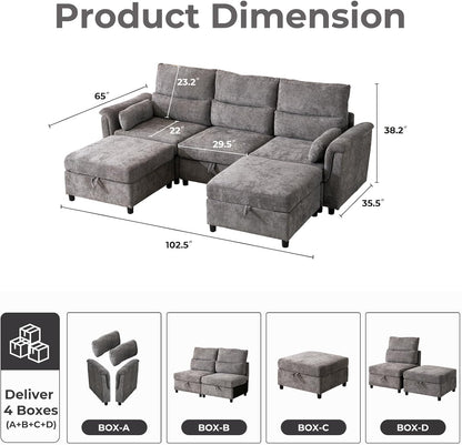 103''U Shaped Modular Sectional Sofa, Comfy Cloud Sectional Couch with Storage Ottoman, Chenille Deep Seat Modern Modular Sofa with 2 Throw Pillows for Living Room,Grey