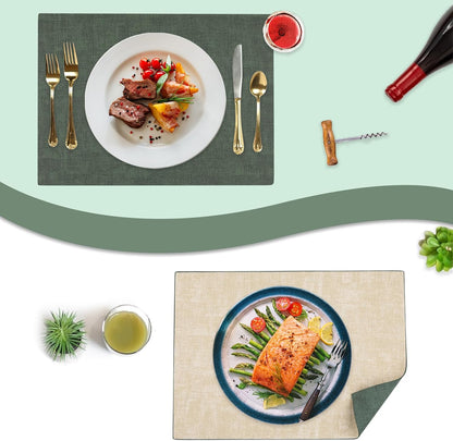 SUEH DESIGN Leather Placemats Set of 6 Reversible Table Mats Heat Resistant Waterproof No-Slip Place Mats for Dining Table Kitchen Parties, Dark Green and Beige