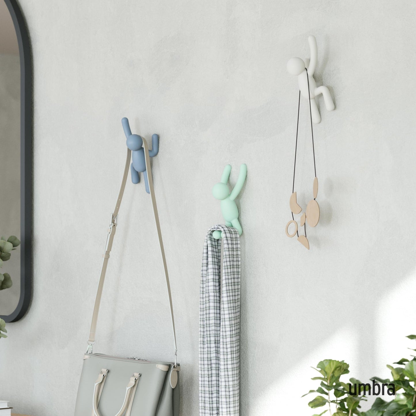 Umbra Buddy Wall Hooks, Wall Mount Coat Hooks, Set of 3, White/Mint/Blue