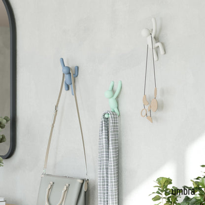 Umbra Buddy Wall Hooks, Wall Mount Coat Hooks, Set of 3, White/Mint/Blue