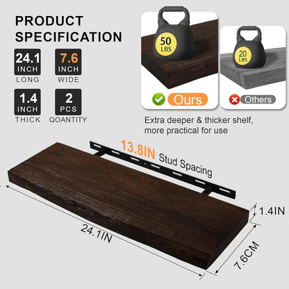 Floating Shelves Set of 2, Aged Elm Wood Picture Ledge Shelf, Floating Shelves for Wall for Bedroom Kitchen Bathroom Living Room (Walnut, 24 inch)