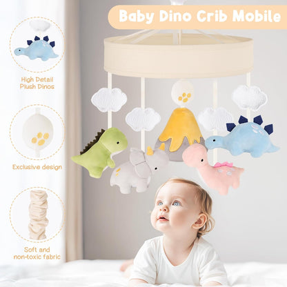 Dinosaur Crib Mobile – Beige Dino Baby Crib Mobile with 3-Mode Music Box, Nursery Mobile with Triceratops, T-Rex, Volcano, Fits Standard Cribs