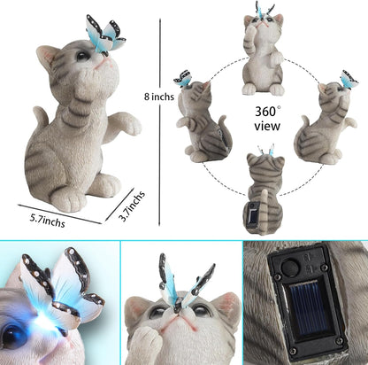 Cat Garden Statue Outdoor Solar Decorations Butterfly Light Figurine Color Changing LED Lights Resin Sculpture Art Decor Patio Lawn Yard Housewarming Gifts for Women Grandma Mom
