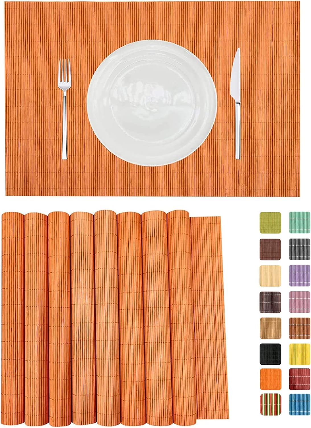 ANDSTAR Non-Slip Waterproof Placemats Set of 6 - Reusable Wipeable Table Mats for Dining Table, Kitchen, Outdoor Picnic, 12x18 Inch PVC Backed Heat Resistant Place Mats Dishwasher Safe（Orange）