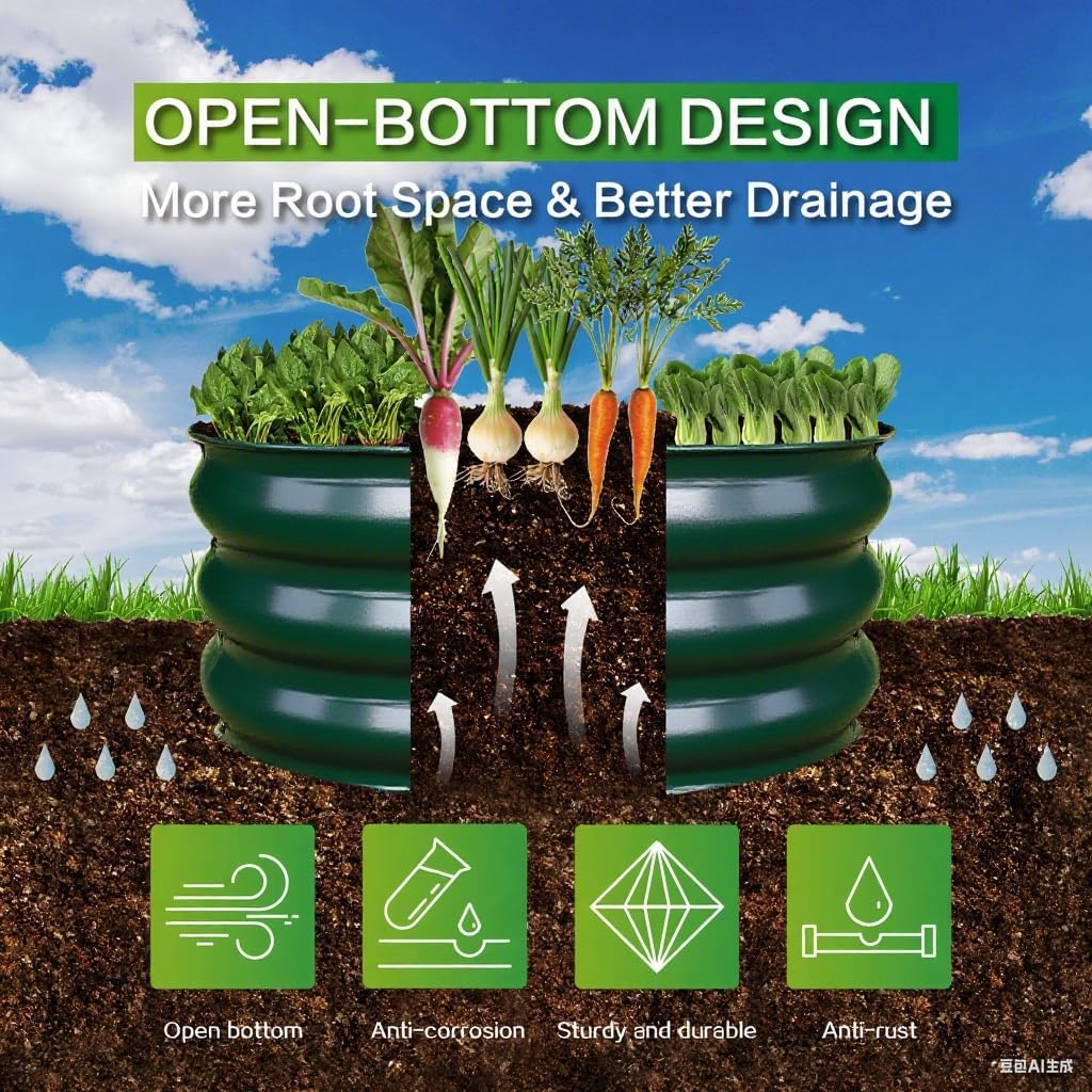 GARDMAX 2x2x1FT Galvanized Round Raised Garden Bed Kit, Metal Planter Boxes Outdoor with Easy Assembly, Large Garden Bed for Vegetables, Fruits, Flower, Herbs Dark Green