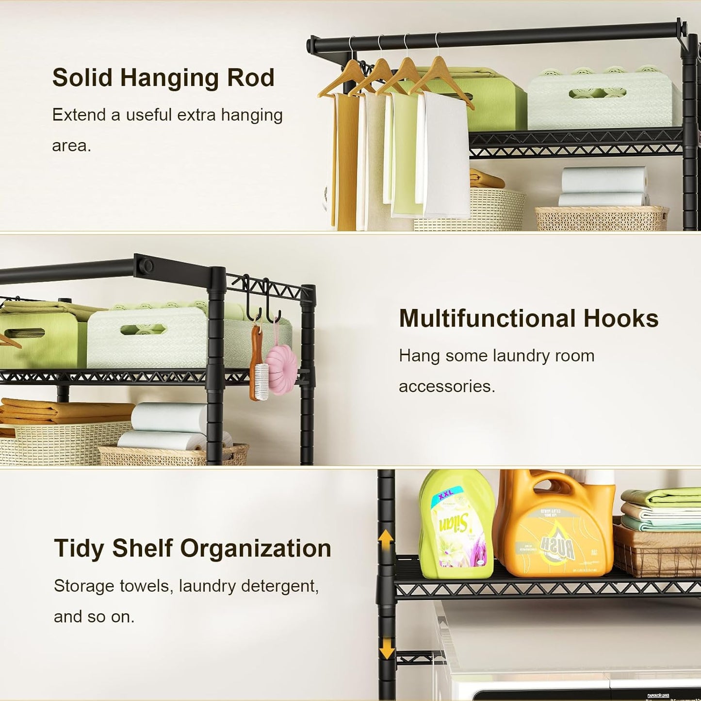 Ulif U11 Over Washer and Dryer Shelves, 3 Tiers Laundry Room Storage and Organizer Standing Shelf, Metal Freestanding Clothes Drying Rack, 33.9" W x 19.7" D x 77.6" H, Black