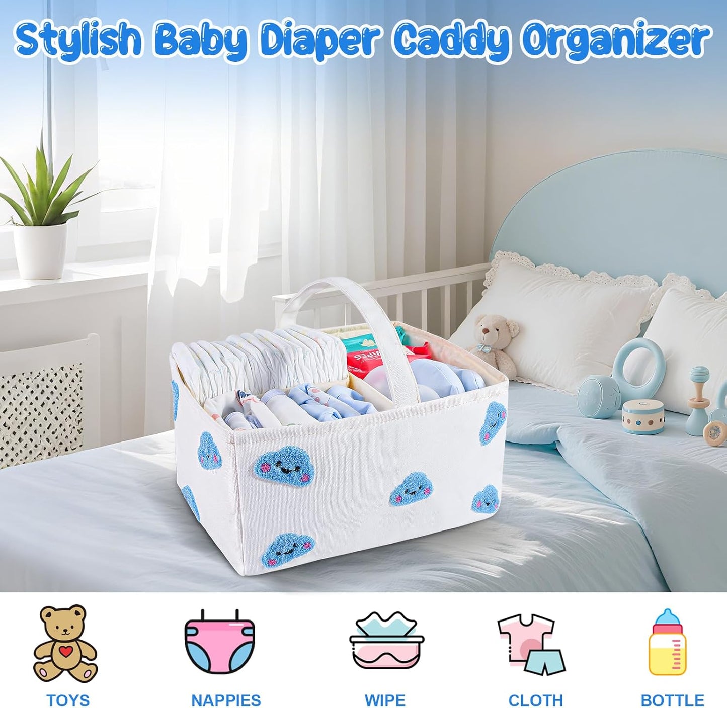 Baby Diaper Caddy Organizer with Handle - Durable Canvas Storage Basket with Cloud Embroidery, Portable Nursery Organizer for Newborn Essentials, Diaper Travel Bag, Baby Shower Basket-Blue