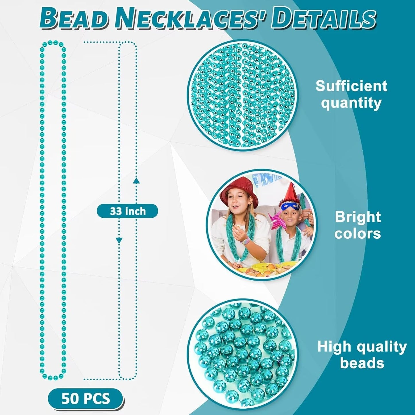 50PCS Mardi Gras Beads, Metallic Blue Bead Necklace Party Favors, 33" Mardi Gras Necklace Stuff, Festival Parade Throw Accessories for Wedding Birthday Gender Reveal Party Supplies Decor