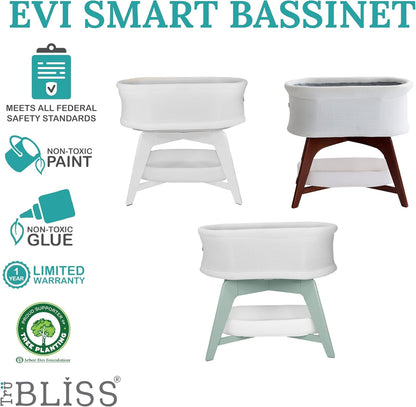 Evi Smart Baby Bassinet Beside Sleeper with Auto-Glide, Ambient Nightlight & Sensory Sounds, Compatible with Alexa and Google Home, Includes 2 Sheets (White w/Mint Green Base)